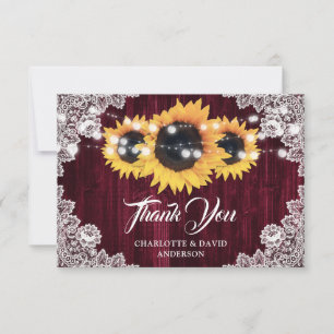 Rustic Sunflower Wood Floral Lace Burgundy Wedding Thank You Card