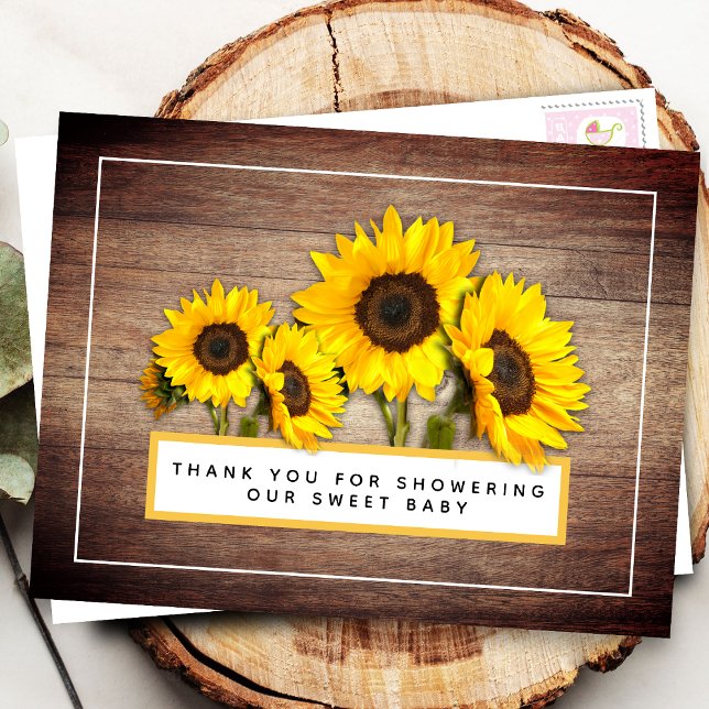 Rustic Sunflower Wood Grain Baby Shower Thank You Postcard (Creator Uploaded)
