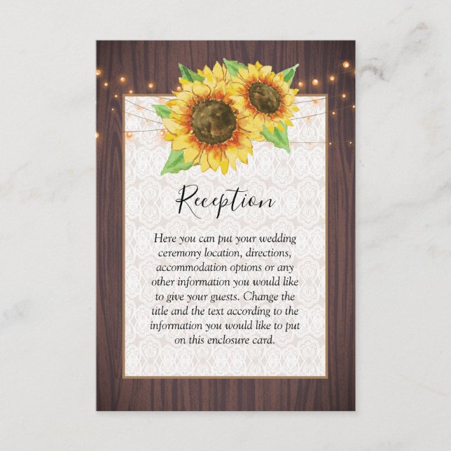 Rustic Sunflower Wood Jar Lights Wedding Enclosure Card (Front)