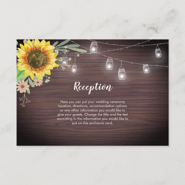 Rustic Sunflower Wood Jar Lights Wedding Enclosure Card (Front)