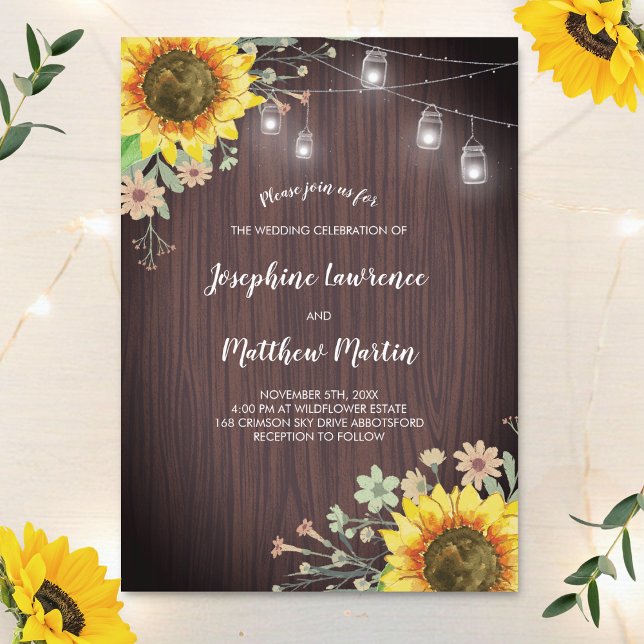 Rustic Sunflower Wood Jar Lights Wedding Invitation (Creator Uploaded)