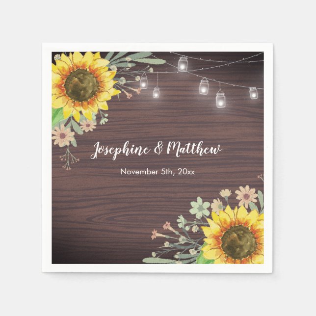 Rustic Sunflower Wood Jar Lights Wedding Napkin (Front)