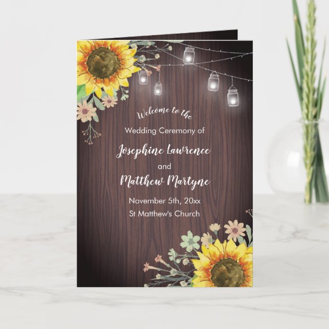 Rustic Sunflower Wood Jar Lights Wedding Program (Front)