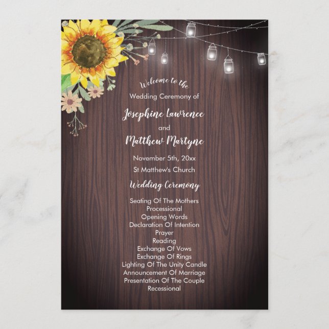 Rustic Sunflower Wood Jar Lights Wedding Program (Front)