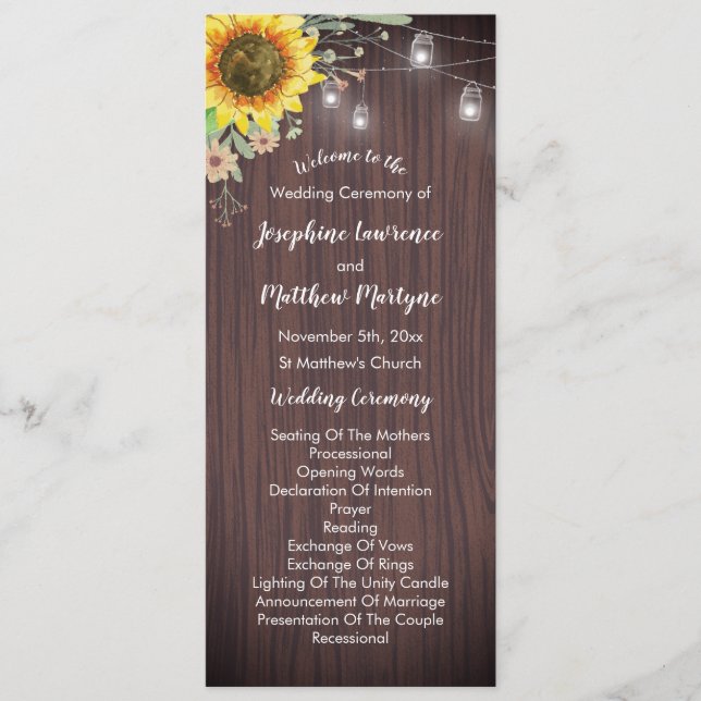 Rustic Sunflower Wood Jar Lights Wedding Program (Front)