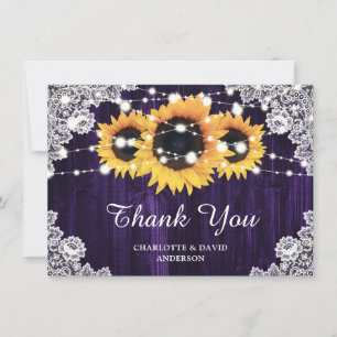 Rustic Sunflower Wood Lace Purple Wedding Thank You Card