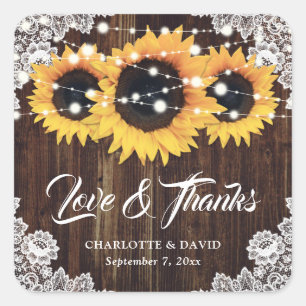 Rustic Sunflower Wood Lace Wedding Thank You Square Sticker