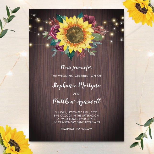 Rustic Sunflower Wood Lights Floral Wedding Invitation (Creator Uploaded)