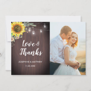 Rustic Sunflower Wood Lights Photo Wedding Thank You Card