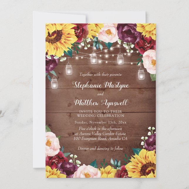 Rustic Sunflower Wood Mason Jar Lights Wedding Invitation (Front)