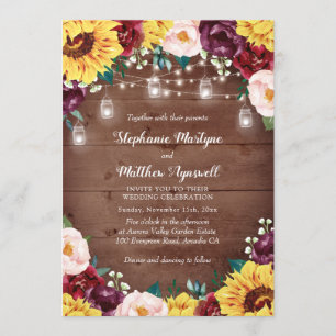 Rustic Sunflower Wood Mason Jar Lights Wedding Invitation