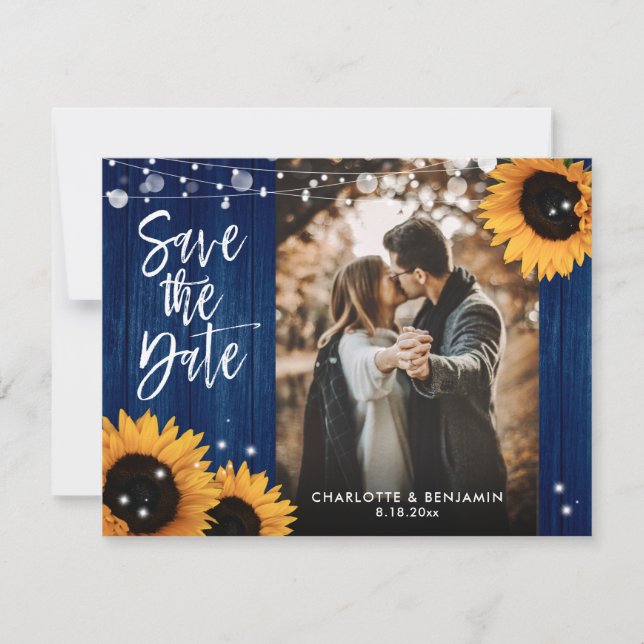 Rustic Sunflower Wood Navy Blue Wedding Photo Save The Date (Front)