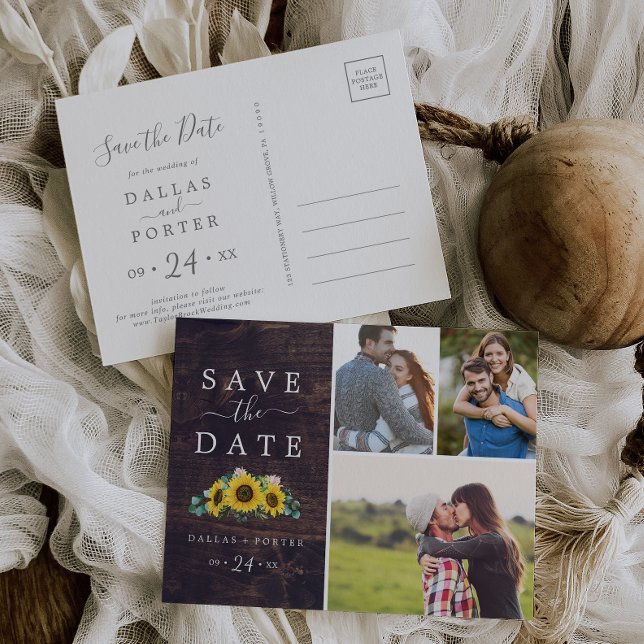Rustic Sunflower Wood Photo Collage Save the Date Invitation Postcard (Creator Uploaded)