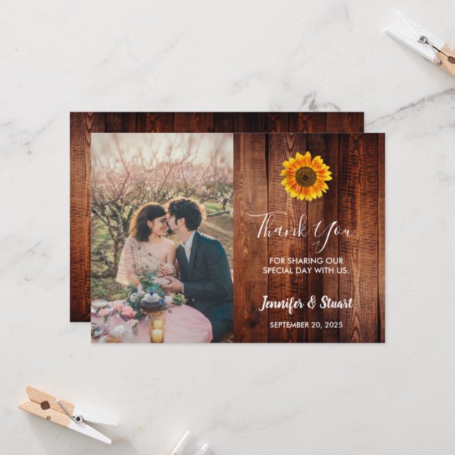 Rustic sunflower wood photo wedding thank you card (Front/Back In Situ)