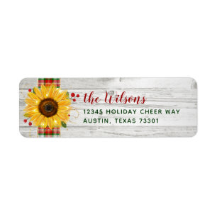 Rustic Sunflower Wood Plaid Holiday Return Address Label