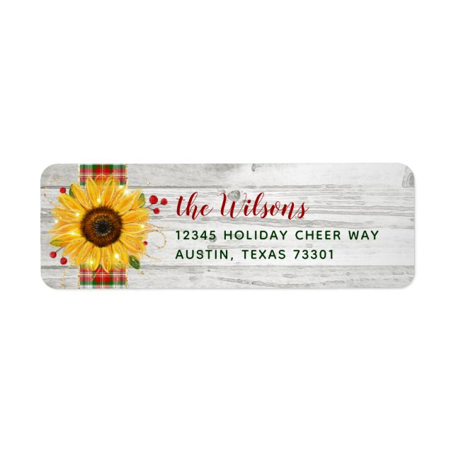 Rustic Sunflower Wood Plaid Holiday Return Address Label (Front)