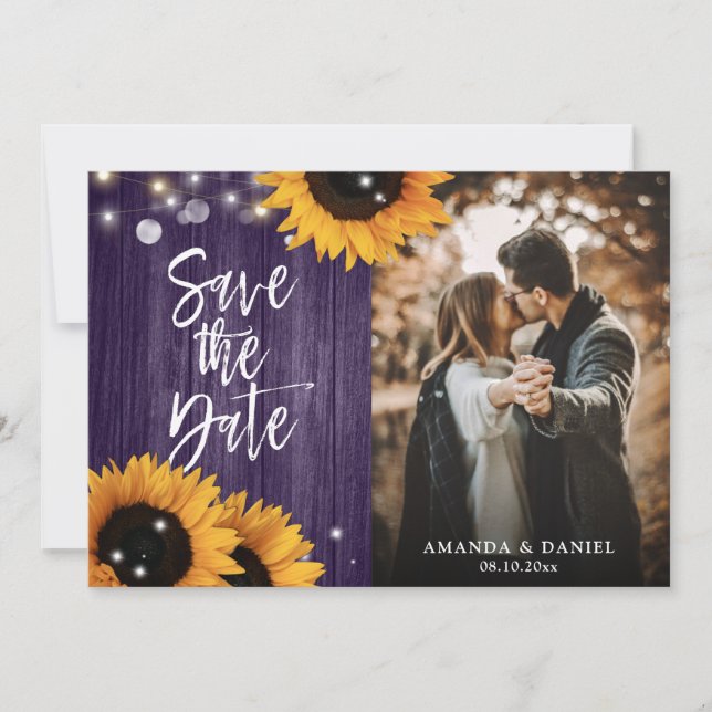 Rustic Sunflower Wood Purple Wedding Photo Save The Date (Front)