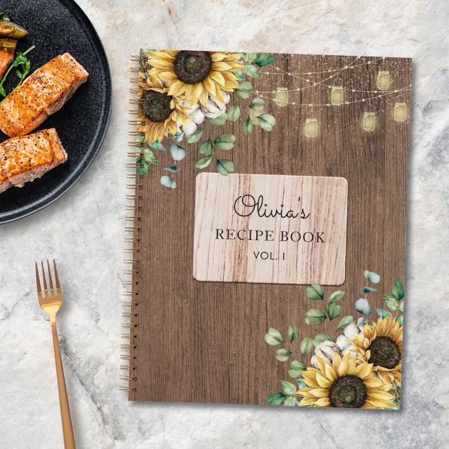 Rustic Sunflower Wood String Light Recipe Book (In situ on kitchen table)