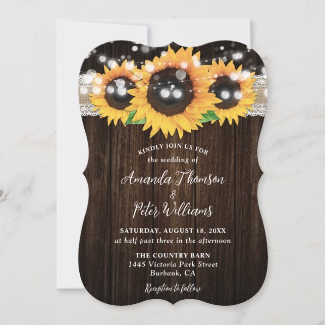 Rustic Sunflower Wood String Lights Wedding Invitation (Front)
