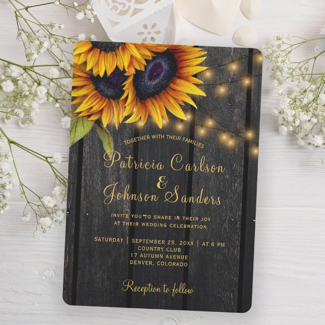 Rustic sunflower wood string lights wedding invitation (Creator Uploaded)