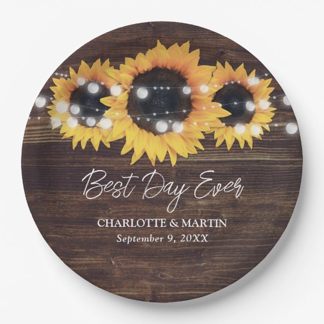 Rustic Sunflower Wood String Lights Wedding Paper Plate (Front)