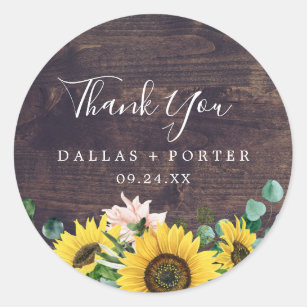 Rustic Sunflower   Wood Thank You Favour Sticker