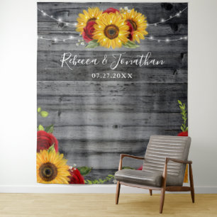 Rustic Sunflower Wood Wedding Backdrop Tapestries