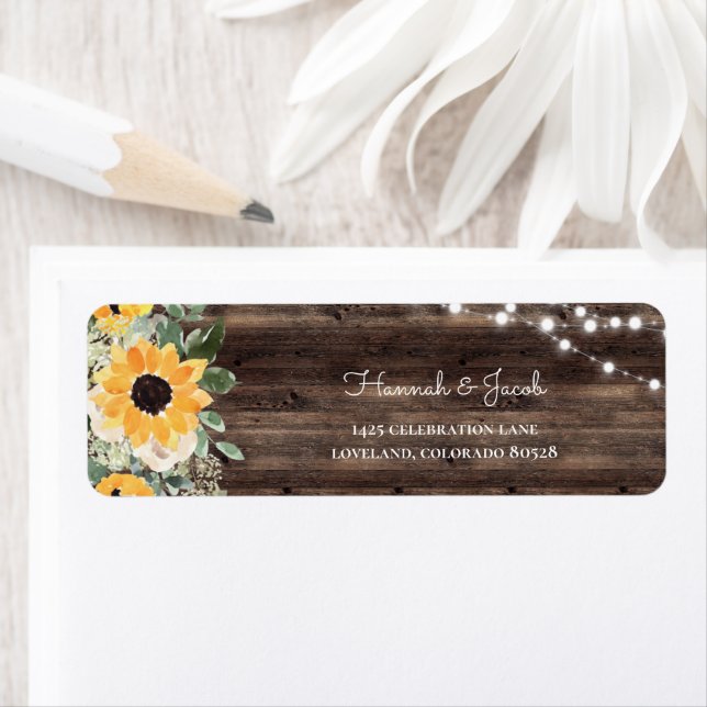 Rustic Sunflower Wood Wedding Return Address Label (Insitu)