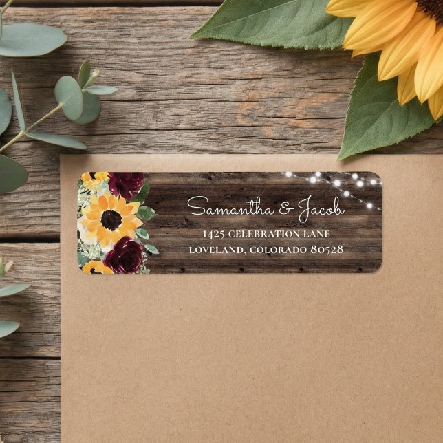 Rustic Sunflower Wood Wedding Return Address Label (Creator Uploaded)