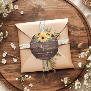 Rustic Sunflower Wood Wedding Thank You Favour Classic Round Sticker