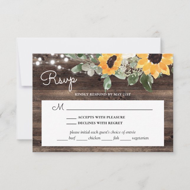 Rustic Sunflower Wood Wedding With Meal Choice RSVP Card (Front)