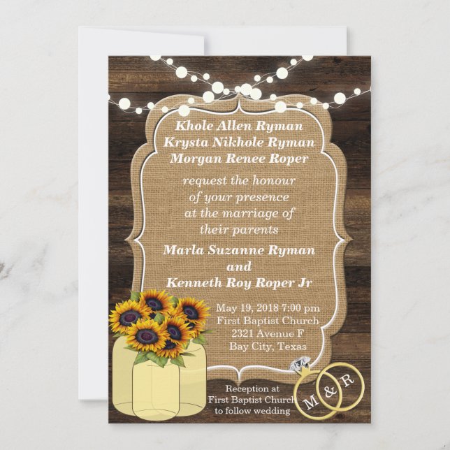 Rustic Sunflower Wooden Lights Wedding Invitation (Front)