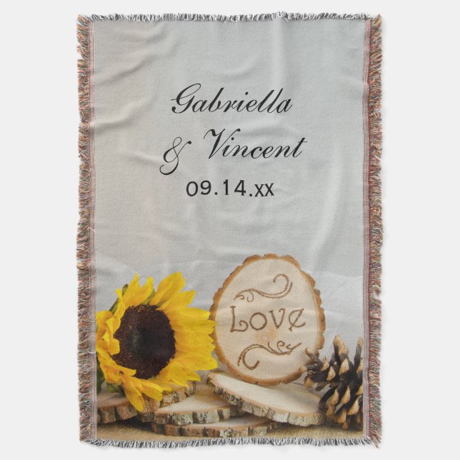 Rustic Sunflower Woodland Wedding Keepsake Throw Blanket (Front Vertical)