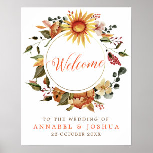 Rustic Sunflower Wreath Fall Wedding Welcome Poster