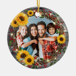 Rustic Sunflower Wreath Family Photo Christmas Ceramic Ornament