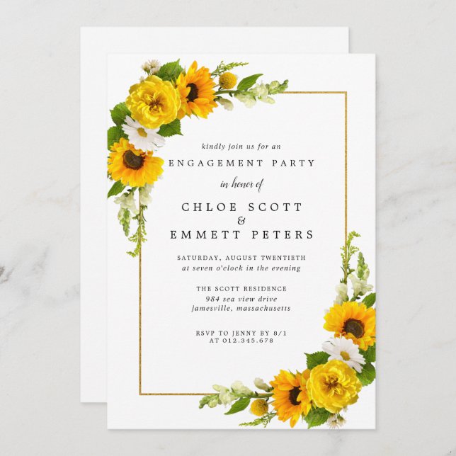 Rustic Sunflower Yellow Floral Engagement Party Invitation (Front/Back)