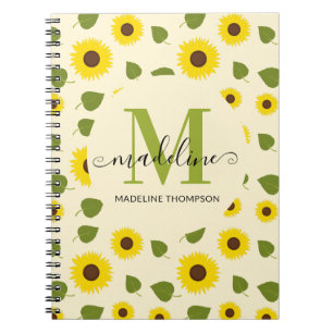 Rustic Sunflower Yellow Green Leaf Monogram Notebook