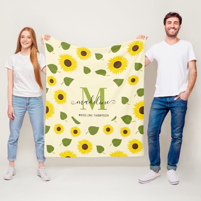 Rustic Sunflower Yellow Green Leaf Script Monogram Fleece Blanket (In Situ)