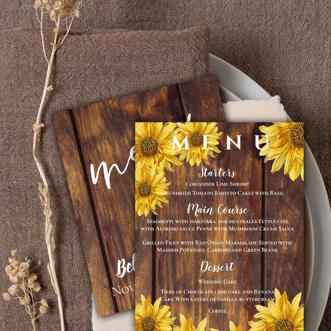 Rustic Sunflower Yellow Wood Fall Wedding Menu (Rustic Wood Sunflower Yellow Wedding Party Menu)