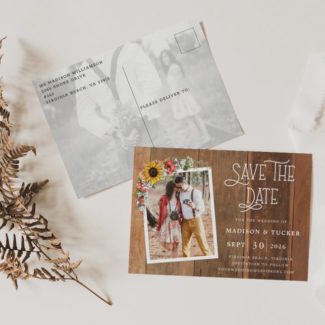 Rustic Sunflowers 2 Photo Wood  Save the Date    Postcard (Creator Uploaded)