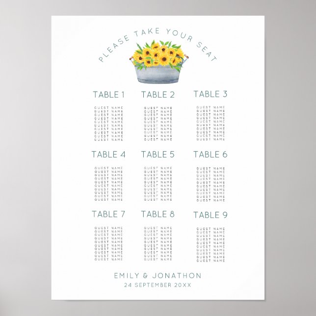 Rustic Sunflowers 9 Tables 90 Guest Seating Chart (Front)