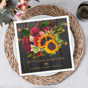 Rustic sunflowers and burgundy roses wood wedding napkin