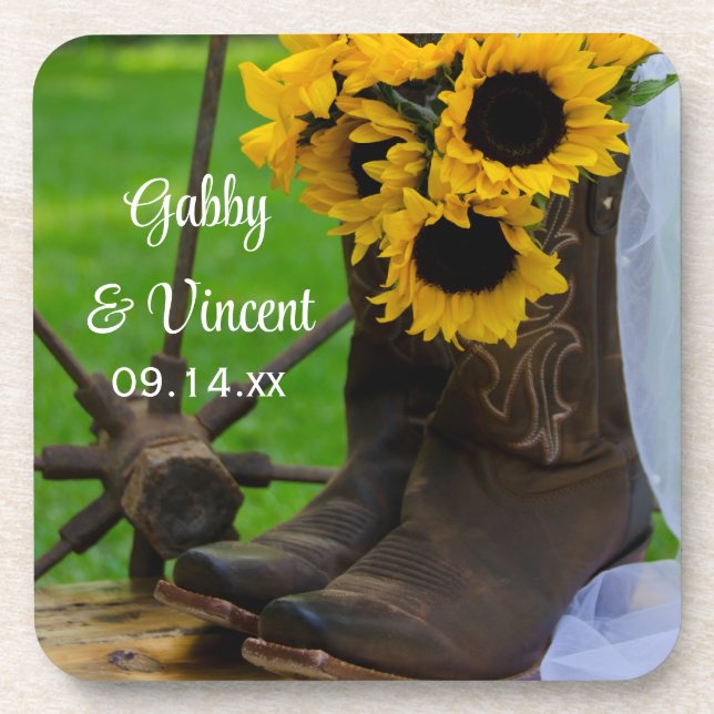 Rustic Sunflowers and Cowboy Boots Western Wedding Coaster (Front)