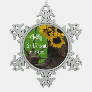 Rustic Sunflowers and Cowboy Boots Western Wedding Snowflake Pewter Christmas Ornament