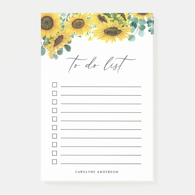 Rustic Sunflowers and Eucalyptus Personalised Post-it Notes (Front)