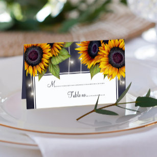 Rustic sunflowers and lights wedding table place place card