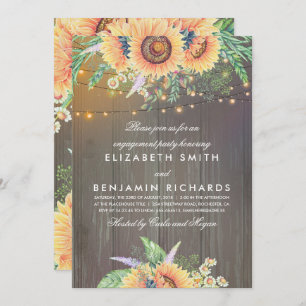 Rustic Sunflowers and Lights Wood Engagement Party Invitation