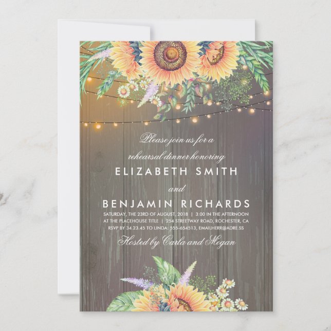 Rustic Sunflowers and Lights Wood Rehearsal Dinner Invitation (Front)