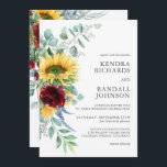 Rustic Sunflowers and Roses Floral Wedding Invitation<br><div class="desc">In charming boho style, this lovely wedding invitation design features a carefree bouquet of yellow sunflowers and burgundy roses with trailing eucalyptus greenery. The style conveys a casual rustic charm and the happiness and joy you feel on your wedding day. Whether your wedding will be held outdoors and in an...</div>