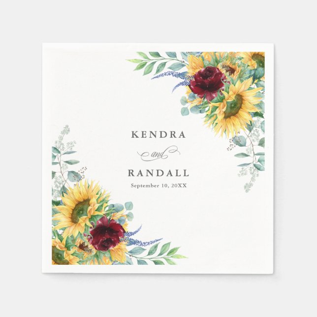 Rustic Sunflowers and Roses Floral Wedding Napkin (Front)